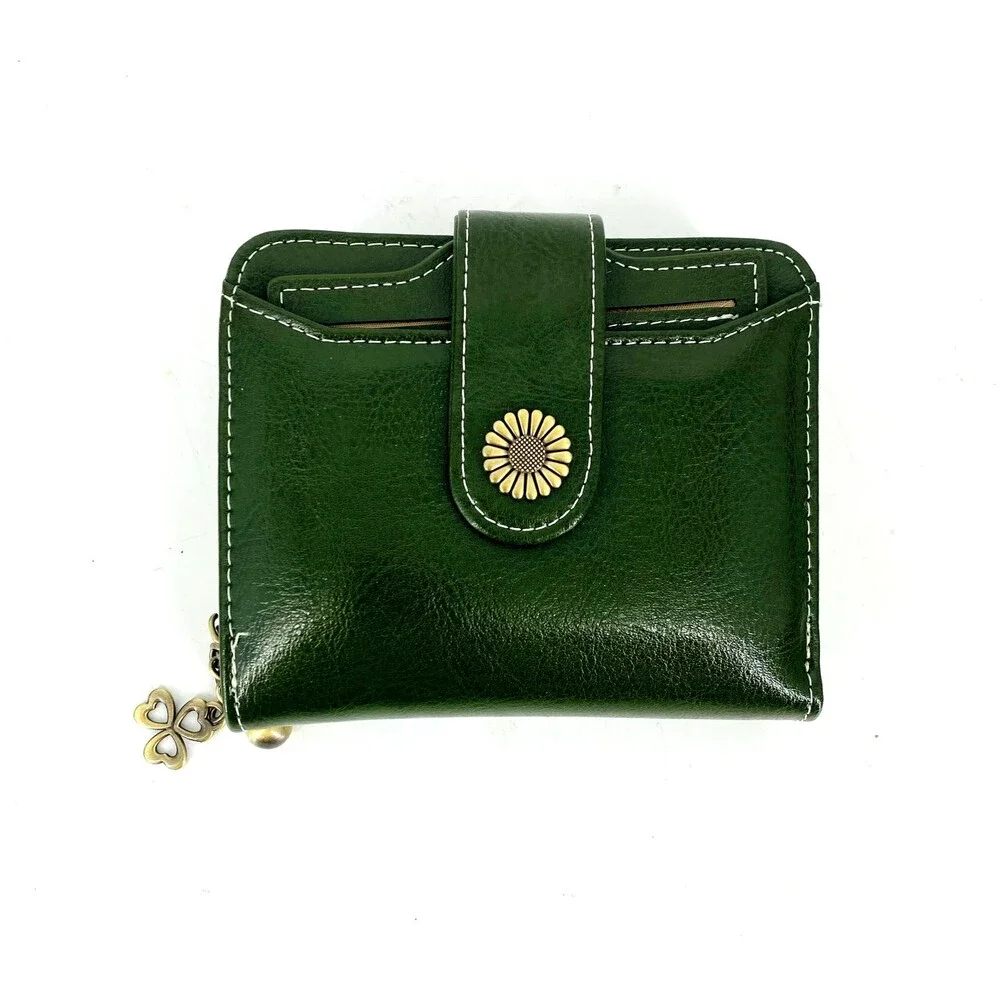 New Best Wishes For You Green Leather Wallet 4 Leaf Clover Lucky Gift With Box